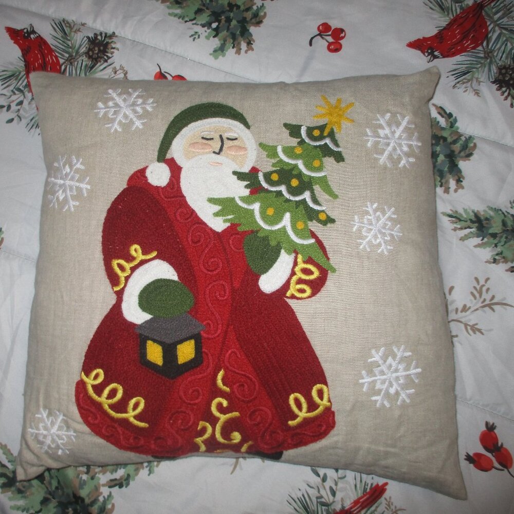 POTTERY BARN Vintage Santa Embroidered Pillow Cover 18x18 Linen‎ Tree Snowflakes